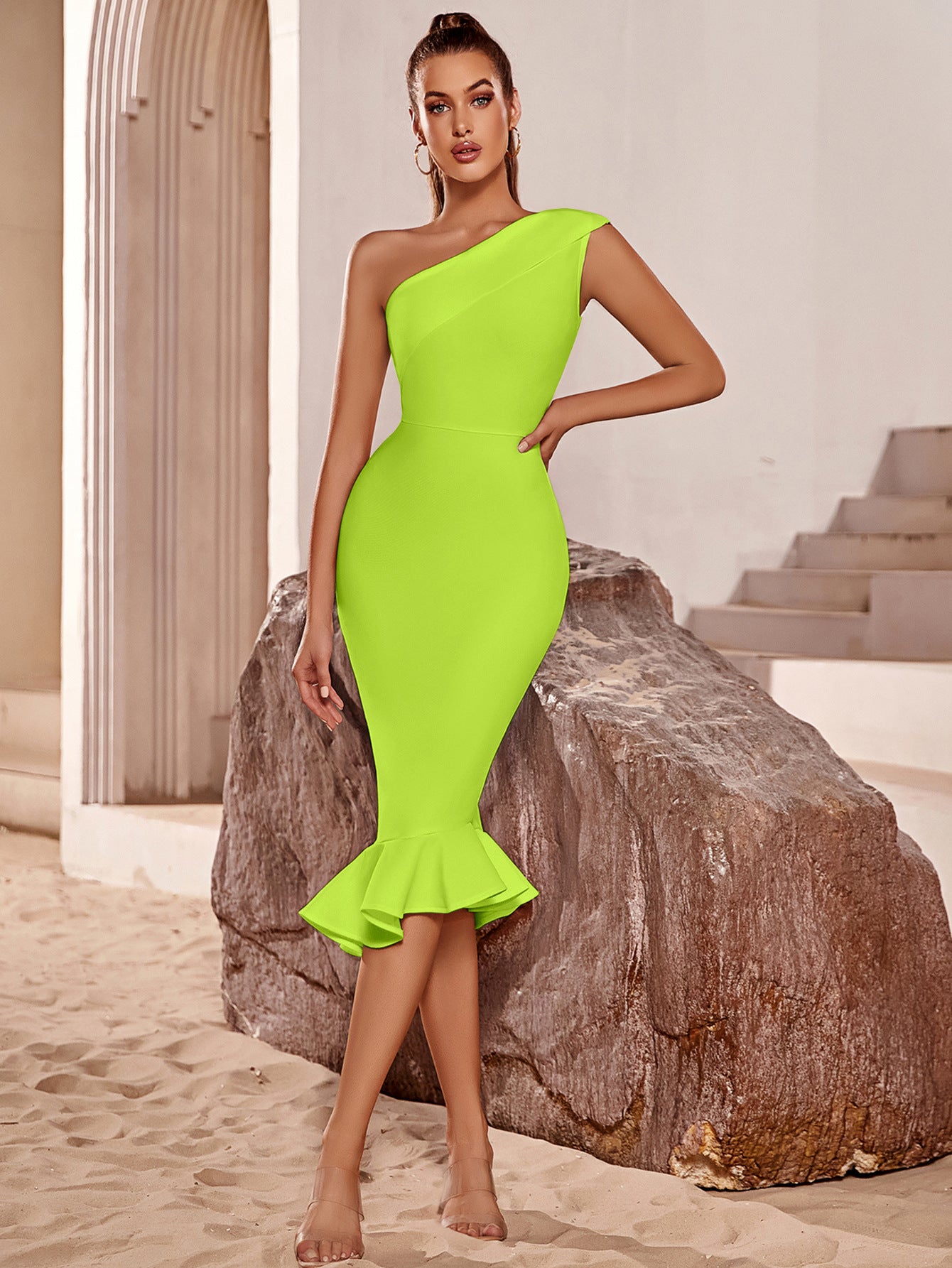 One Shoulder Midi Mermaid Bandage Dress