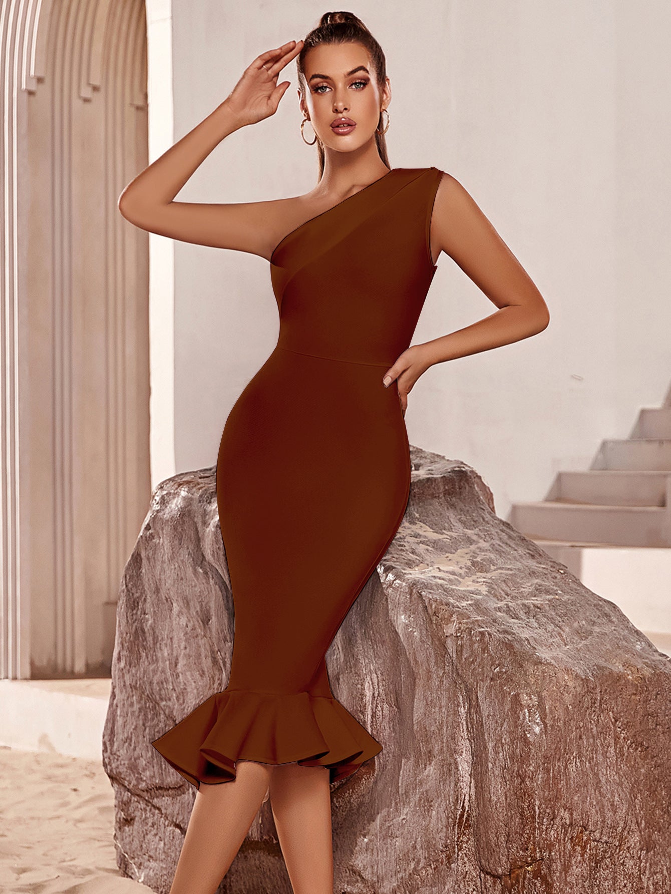 One Shoulder Midi Mermaid Bandage Dress
