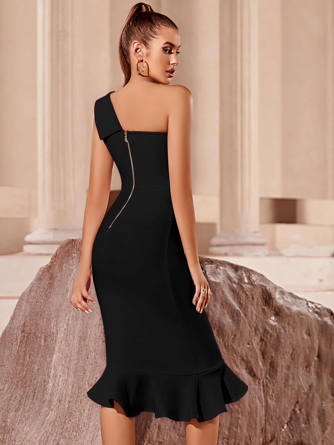 One Shoulder Midi Mermaid Bandage Dress