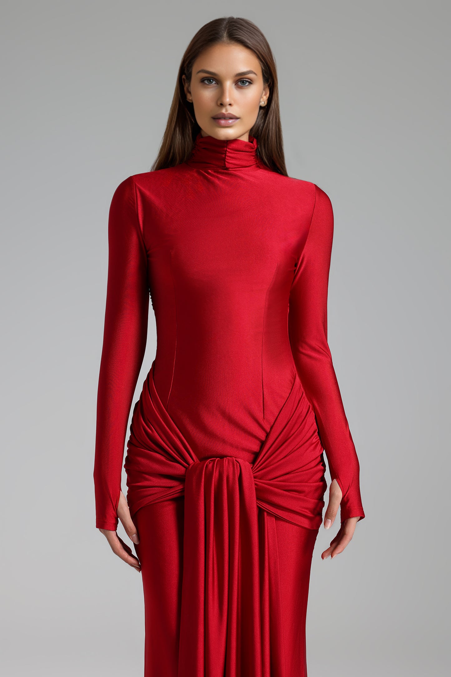 Turtleneck Front Tie  Maxi Dress
