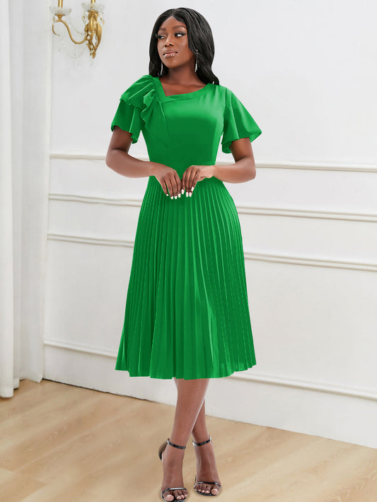 Butterfly Sleeve Pleated Hem Dress