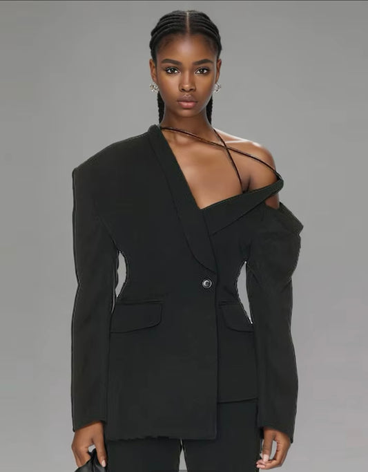 Asymmetrical Waist Closure Blazer Jacket