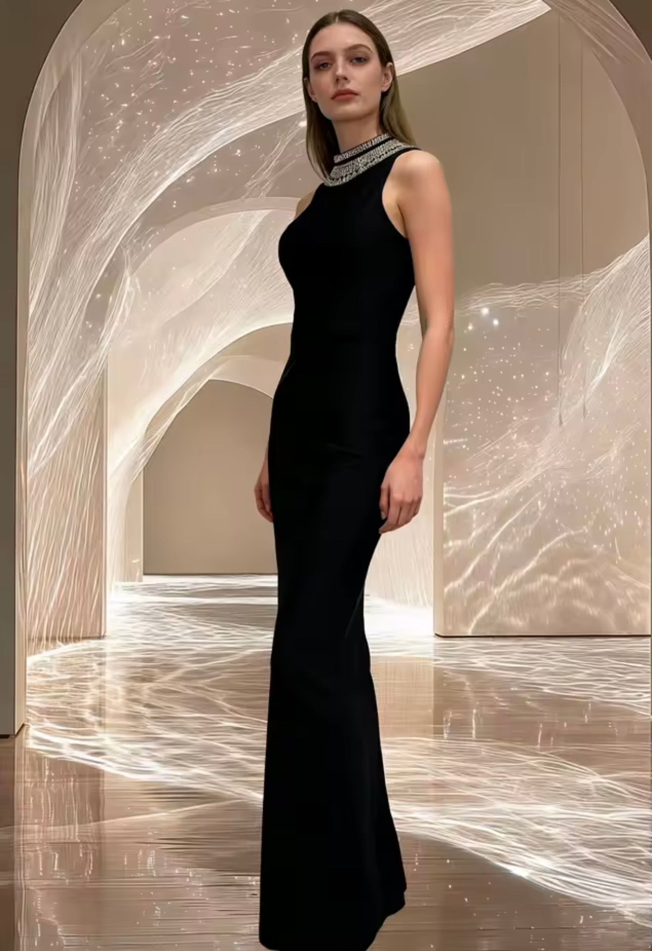 Crystal Embellished High Collar Open Back Bandage Dress