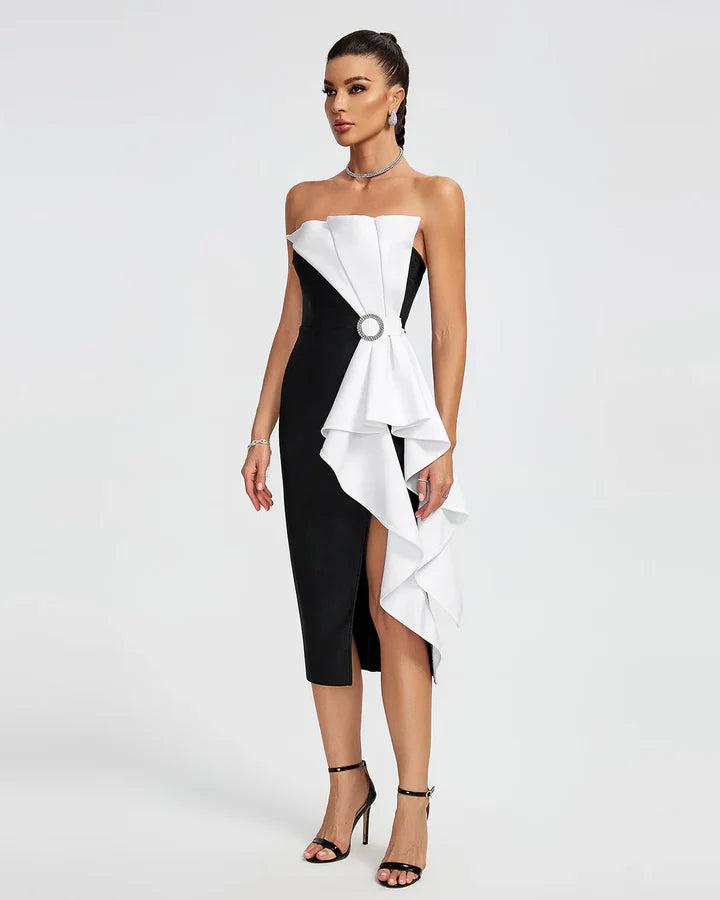 Strapless Black White Sash Bandage Dress