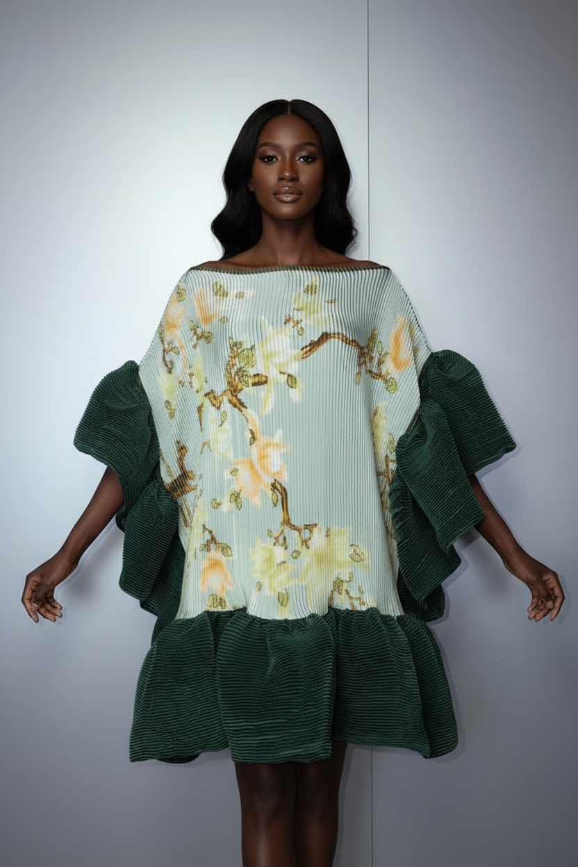 Women's Pleated Elastic Casual Short Kaftan Dress