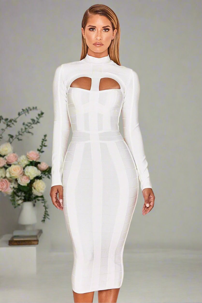 Cut Out Long Sleeve Turtleneck Bandage  Dress