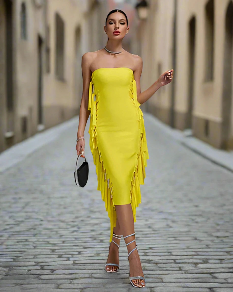 Luxury Yellow  Fringe  Bandage Dress